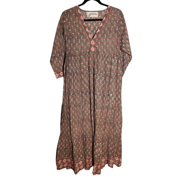 Blue Rye Green Orange Floral Printed Cotton Long Maxi Dress with V-Neck Boho Dre - Picture 1 of 6